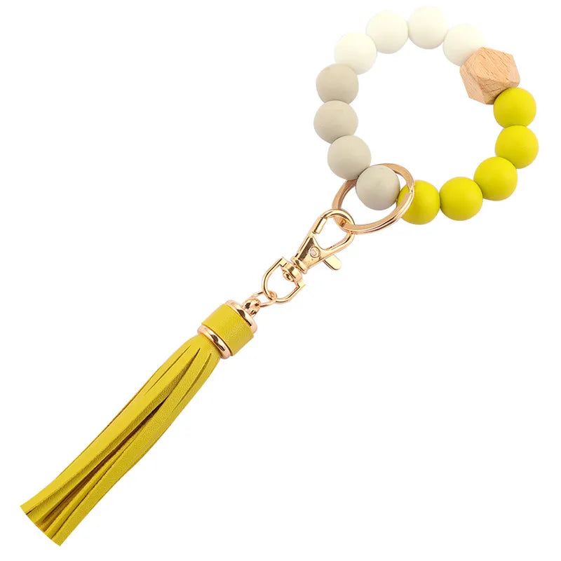 Hemasa  Silicone Wood Beads Keychain Keyring For Women Wristlet Bracelet Pendant Keychain With Jewelry Accessories
