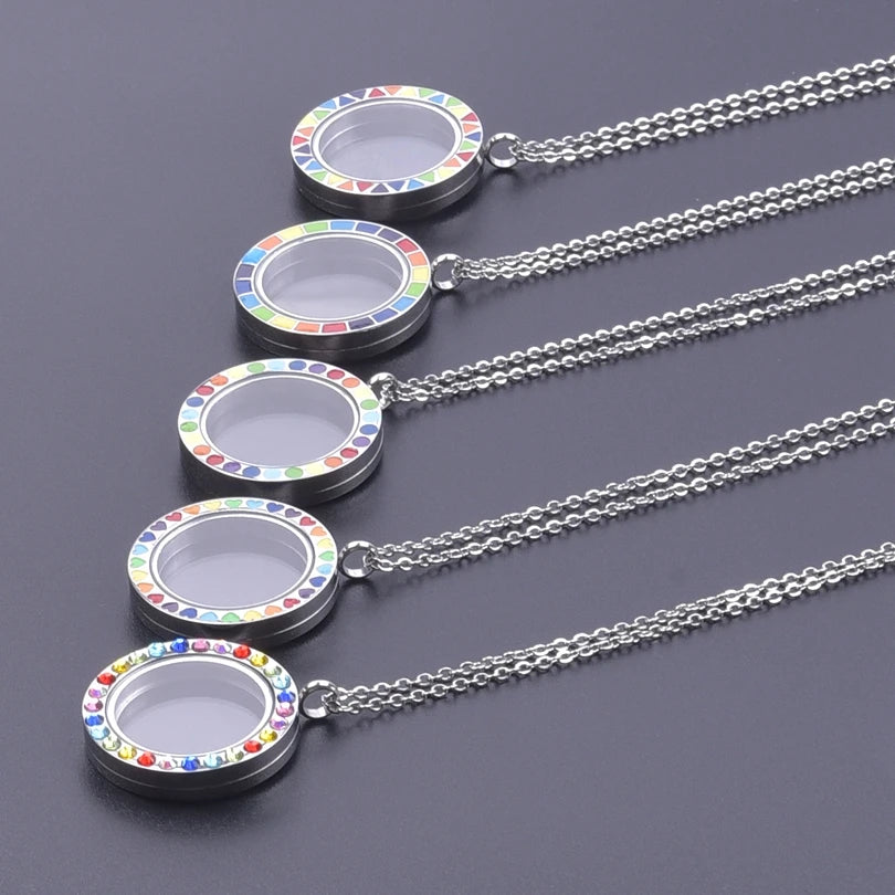 Stainless Steel Necklace for Women Glass Floating Locket Bohemia Colorful Medallion Relicario Photo Collar Long Chain Jewelry