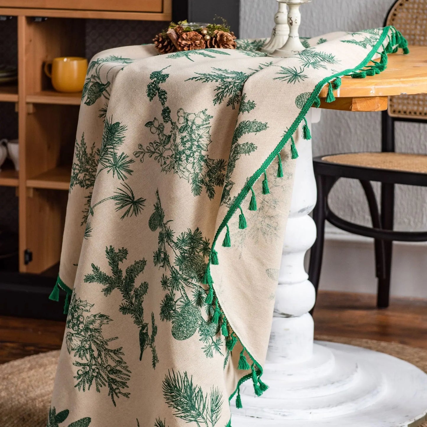 Tejesa Square Cotton Linen Tablecloth with Stitching Tassels Washable Fabric Table Cover for Christmas Dining Kitchen Tea Party