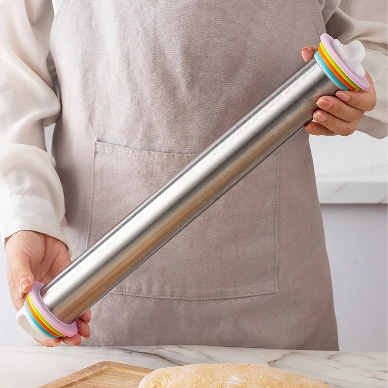Tejesa 13.78 Inch Stainless Steel Adjustable Rolling Pin with 4 Thickness Removable Rings Dough Roller for Pizza Cookie Baking Tools