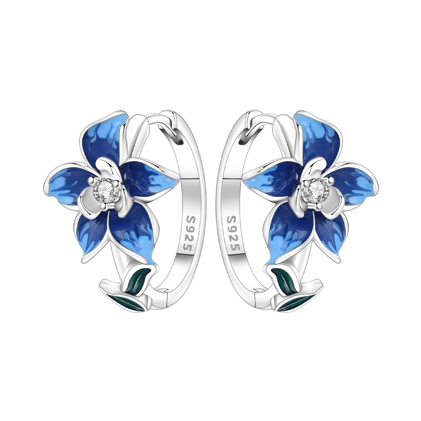 Orstarry S925 Sterling Silver Earrings Exquisite Blue Horseshoe Lotus Orchid Iris Flower Earrings For Women Birthday Gift