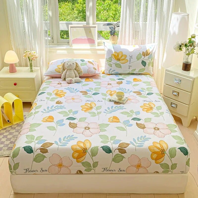 Cotton Fitted Sheet Single Double Queen Size Printed Mattress Cover With Elastic Band Bedsheet Soft Comfortable Fitsheet
