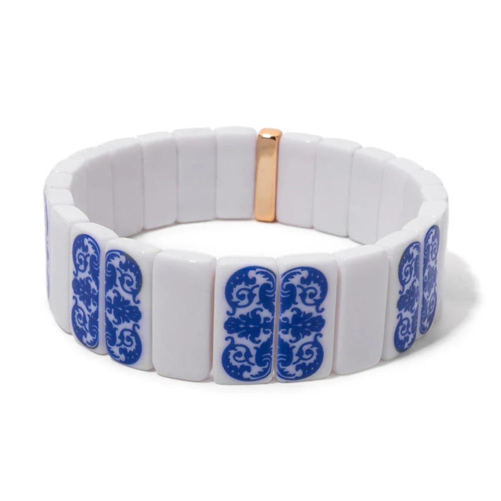 8x16mm Plastc Chinese Blue and White Porcelain Texture Beaded Bracelets For Women Handmade Spring Hand Accessory
