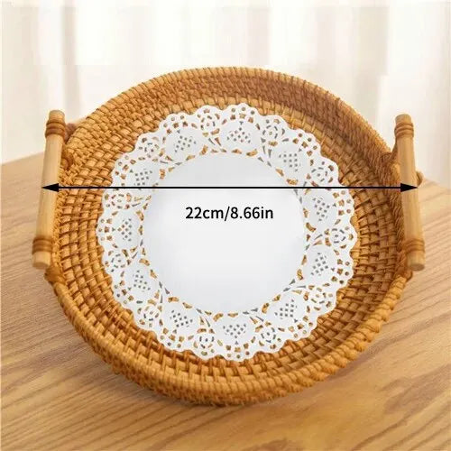 Hemasa 1PC Rattan Bread Storage Woven Snacks Fruit Round Tray Picnic Binaural Tray Living Room Table Finishing