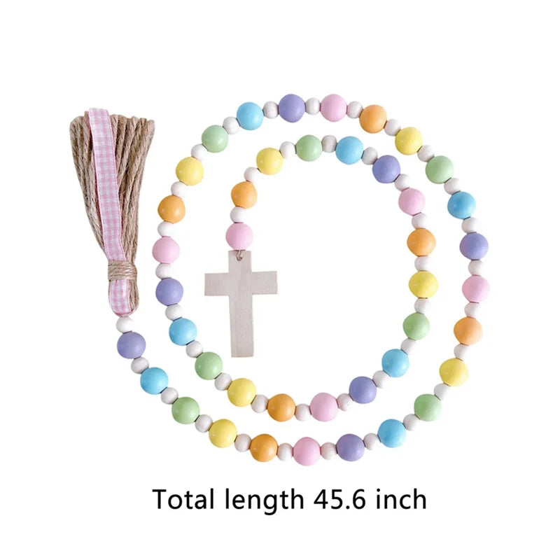 Wood Bead Garlands With Cross Farmhouse Natural Wood Beads Garland Decor For Tiered Tray Rustic Christmas Ornaments