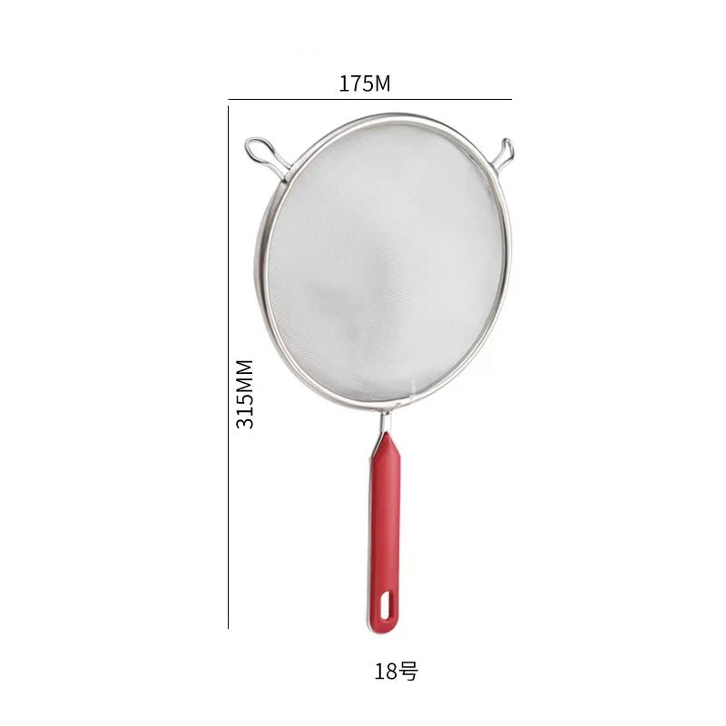10 Sizes 201 Stainless Steel Strainer Colander Fine Mesh Oil Skimmer PP Red Handle Food Noodles Flour Sieve Frying Scoop
