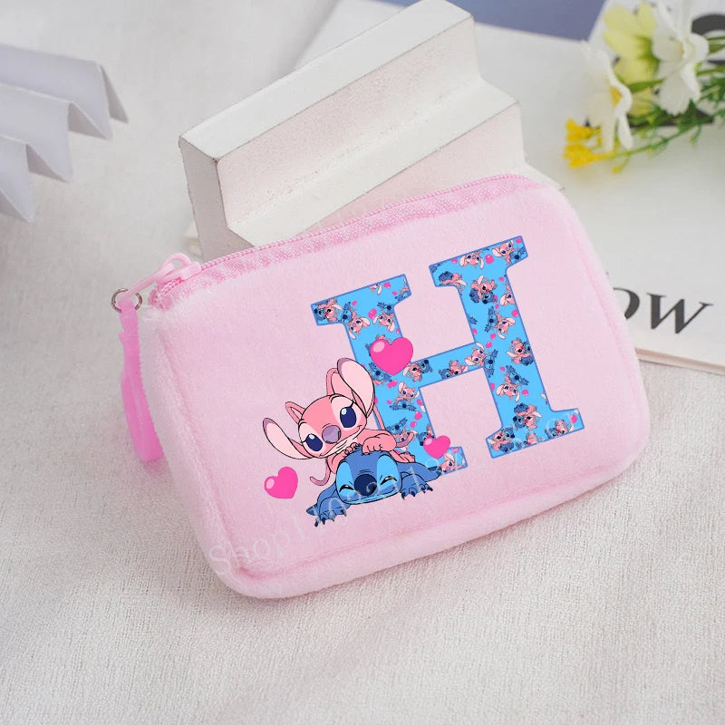 Disney Stitch Plush Coin Purse Cute Anime Cartoon A-Z Letter Stich Printed Wallet Kawaii Girls Earphone Storage Zipper Bag Gifts