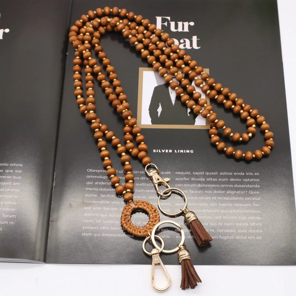 Rattan Wood Bead Lanyard Keychain Work ID Badge Necklace Boho Strap Nurse Teacher Gift Beaded Lanyard Charm Breakaway Clasp