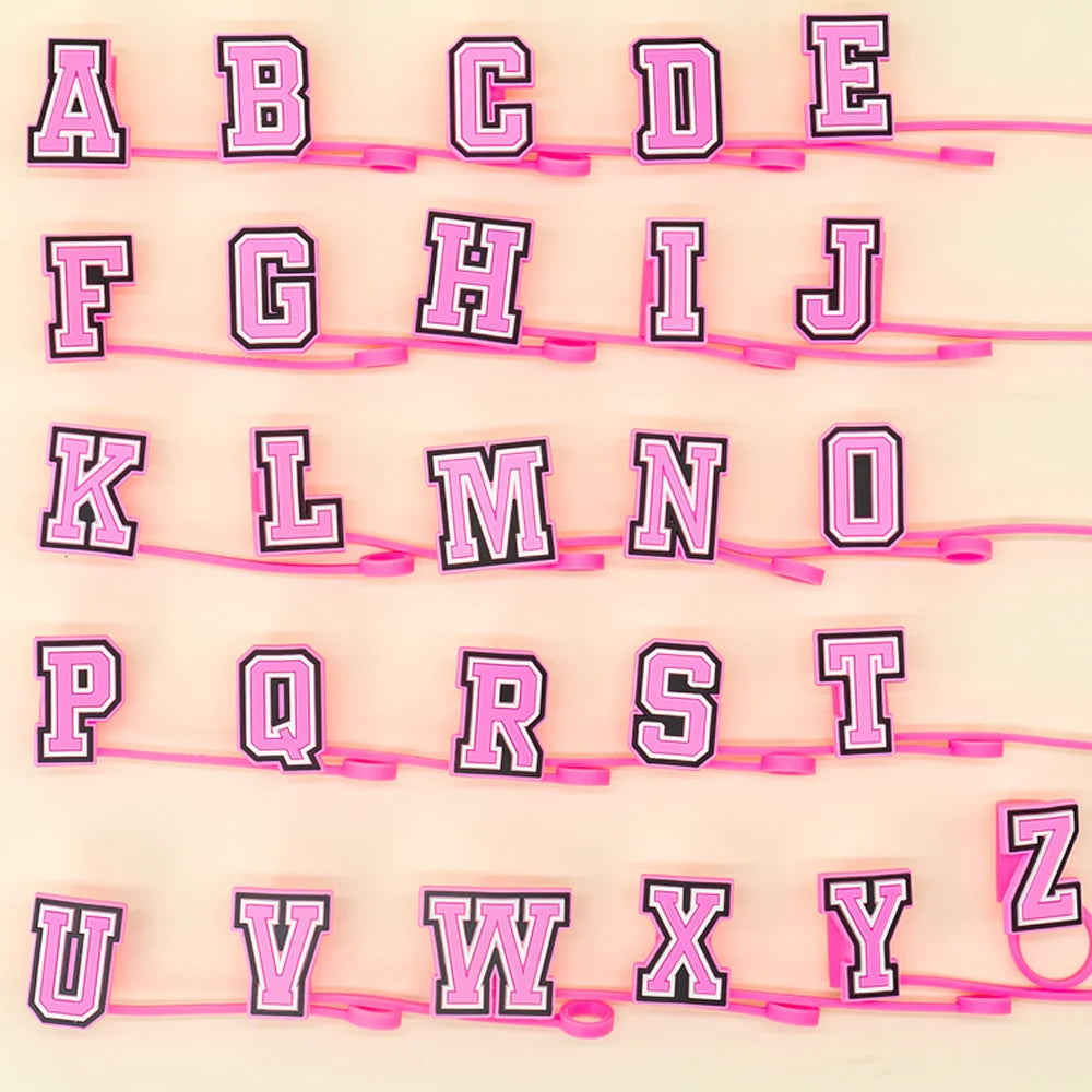 10mm Pink Letter Straw Cover Caps 1PCS Accessories For Cups,Soft Silicone Alphabet Straw Topper Drinkware,Dustproof Straw Caps