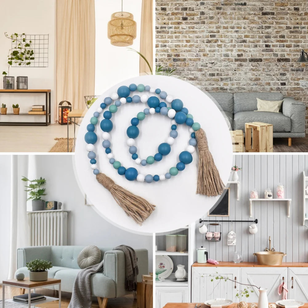 Hemasa Wooden Bead Garland For For Tiered Tray Decor Blue and White Wood Bead Garland With Tassels Country Farmhouse Home Decoration
