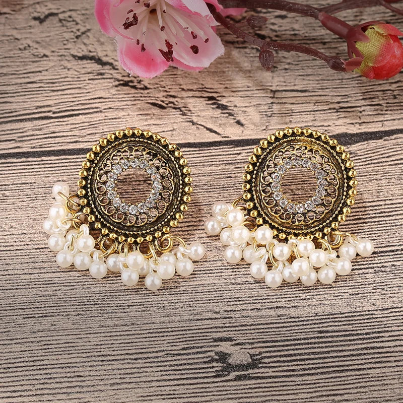 Hemasa Gold Color Alloy Indian Earrings Egypt Jewelry Ethnic Women's Pearls Tassel Round Hollow Jhumka Earring Oorbellen