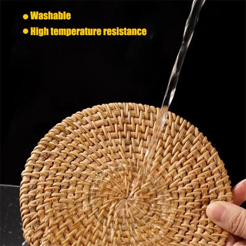 Hemasa Set of 4  Round Natural Rattan Coasters Hand Vine Woven Hot Insulation Placemats(8cm)