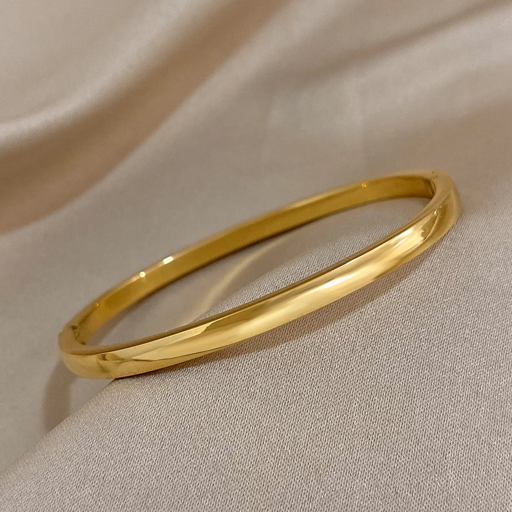 Classic Glossy Plain Bracelet Bangle for Women Chunky 4mm Stainless Steel Waterproof Cuff Minimalist Jewelry Gifts