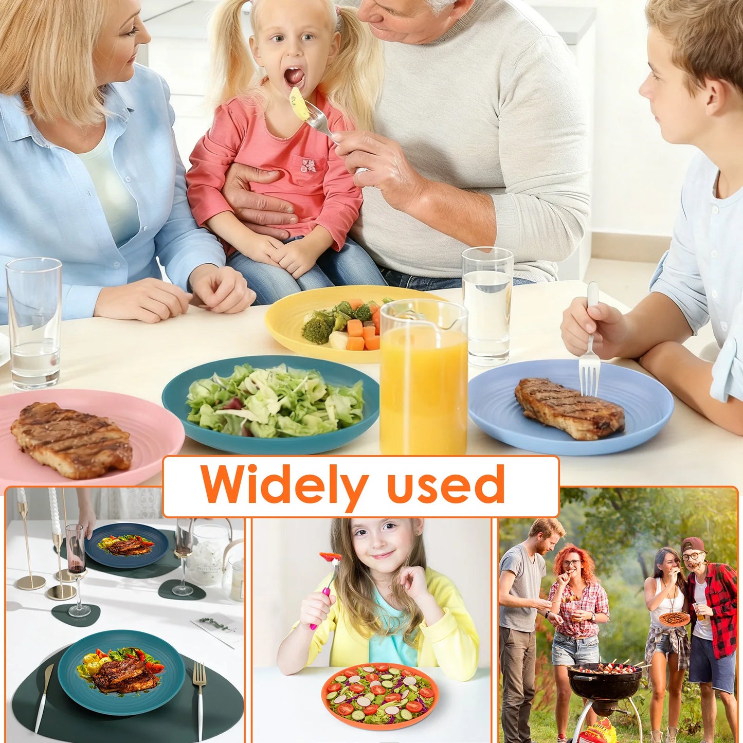 Tejesa 6Pcs Circular Dining Plate 8.74 Inch Plastic Dinner Plate Microwave and Dishwasher Safe Dish Food Pan for Kitchen Picnic Tray
