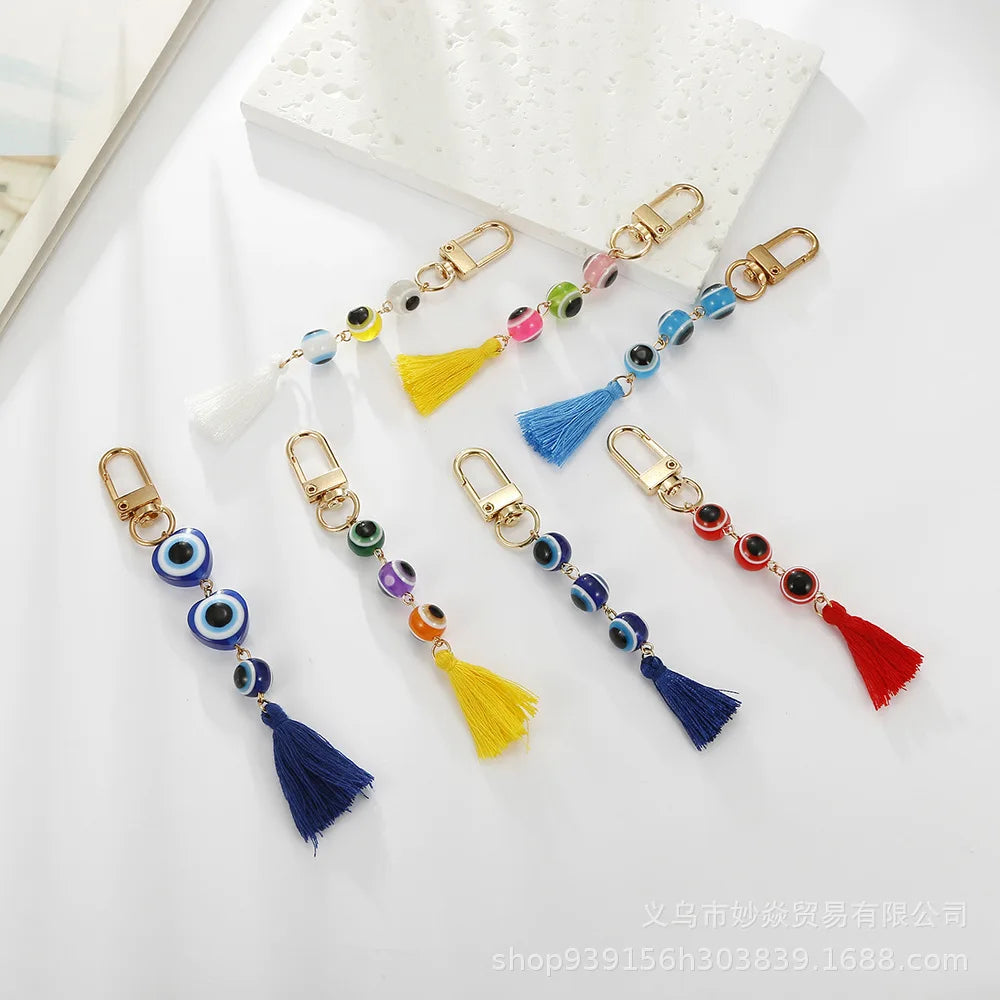Fashion Blue Devil's Eye Keychain Lucky Talisman Tassel Keyring Bag Pendant for Women Car Trinket Key Ring Key Holder Gift
