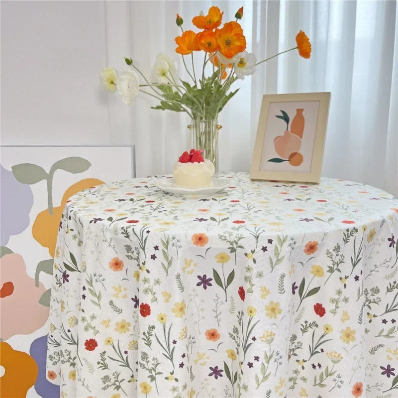 Korean Style Round Lattice Flower Tablecloth Floral Table Cloth for Dining Table Tea Coffee Table Cover Picnic Kitchen Decor