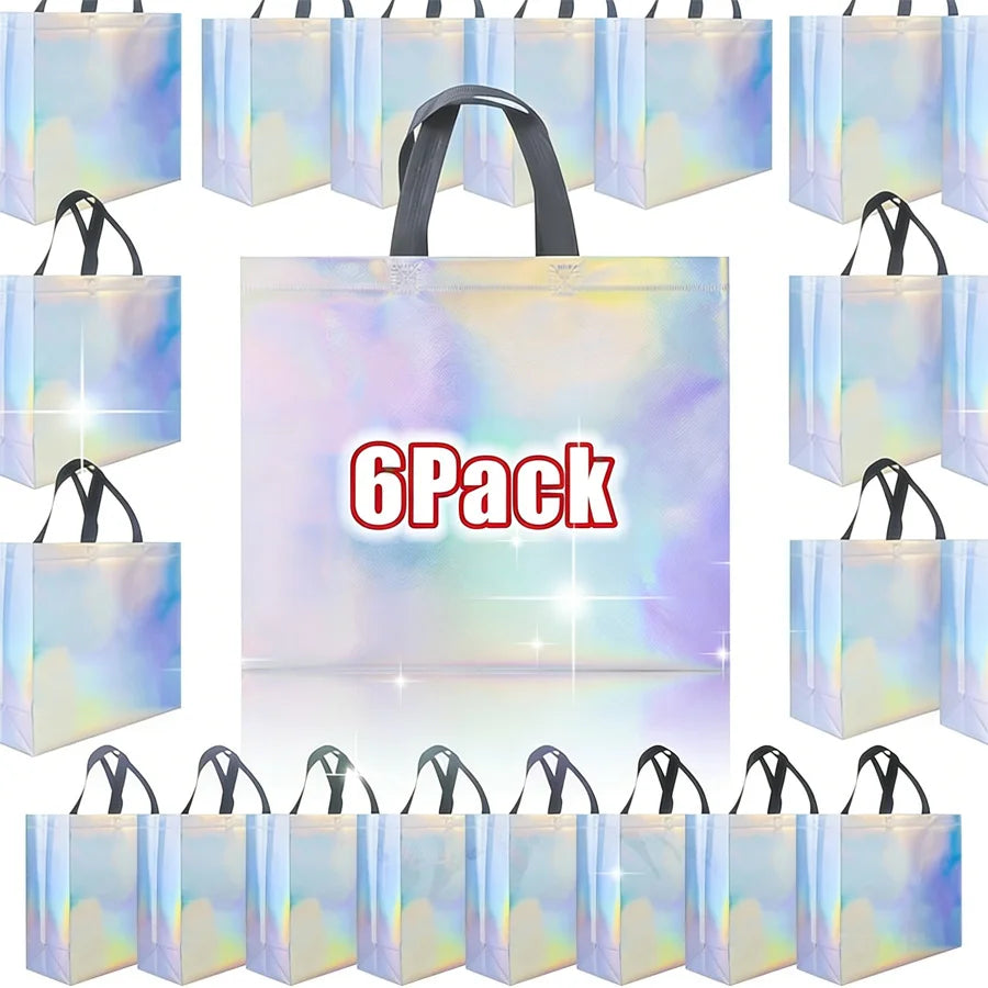 Tejesa Glossy Rainbow Gift Bag 6/12Pack, 12.6x4x10.6 Inch Reusable with Handles & Base for Birthday Wedding Christmas Party