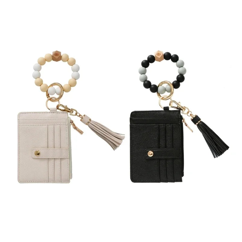 Wristlet Bracelet Keyring with Wallet for Women Silicone Beads Bracelet Key Chain Rings Card Holder Wallet Keychain