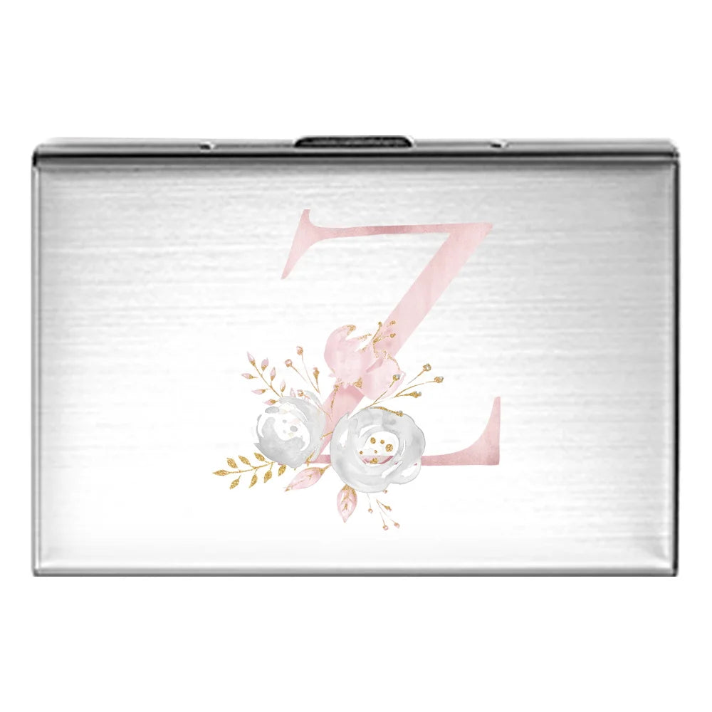 Tejesa Metal Business Card Holder - Slim Pocket Business Card Case for Unisex /Stainless Steel IC Cards /Pink Flower Print Series