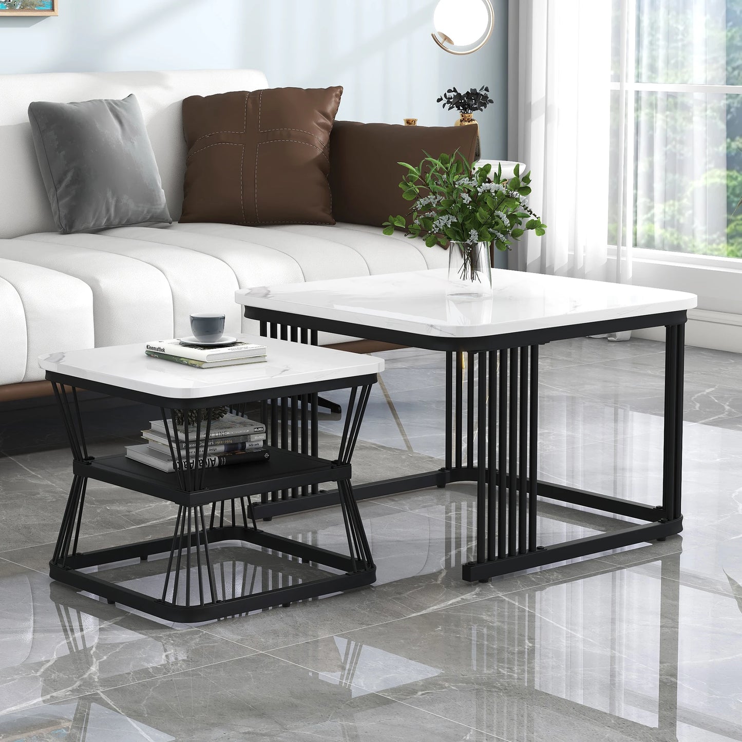 Set of 2 Nesting Tables with Black Metal Frame and Marble Pattern Top, Square Coffee Table Set for Living Room Home