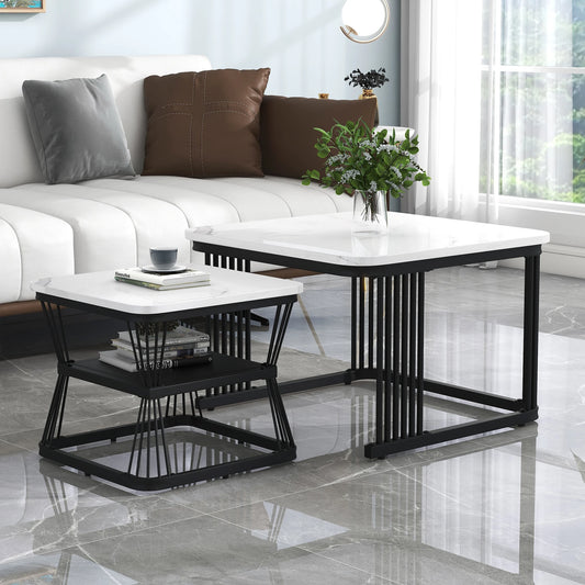 Set of 2 Nesting Tables with Black Metal Frame and Marble Pattern Top, Square Coffee Table Set for Living Room Home