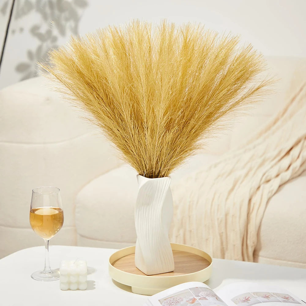 Tejesa 10Pcs 55cm Gold Colour  Fluffy Faux Pampas Grass Wall Decor Reed Vase Fillers Party Table Decorations Room Home Decor Artificial Pampas Grass