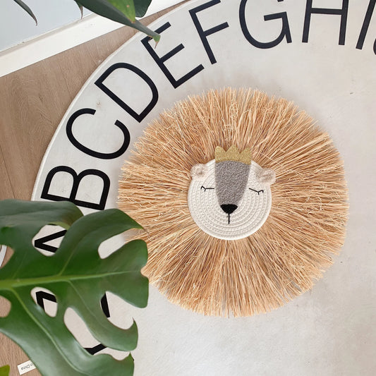 Nordic Nursery Decor Raffia Straw Bear Lion Face Wall Hanging Handmade Lion Boys Kids Room Nursery Hanging Decoration Gifts