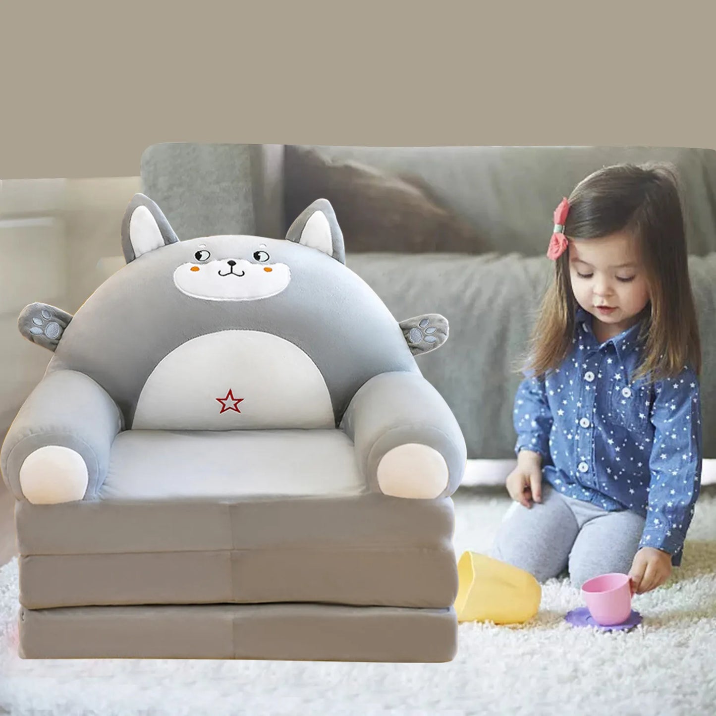 Foldable Kid Sofa Backrest Armchair Cover Plush Cute Cartoon Children Lazy Sofa Flip Open Sofa Cover For Living Room Bedroom