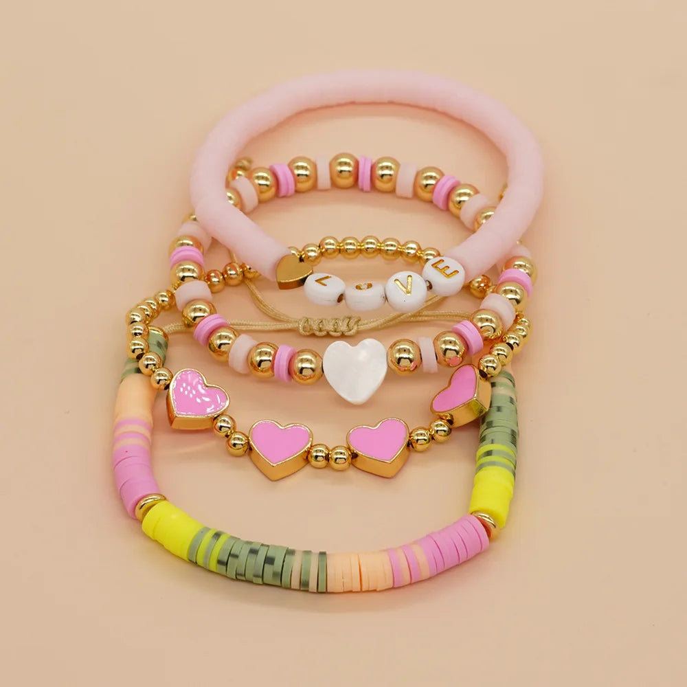 Heamsa 4pcs Colorful Polymer Clay Beads Heart  Charm Bracelet Set