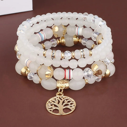 4Pcs Tree Of Life Charm Bracelet Set For Women Handmade Acrylic Beads Chain Bangle Female Boho Jewelry Accessories
