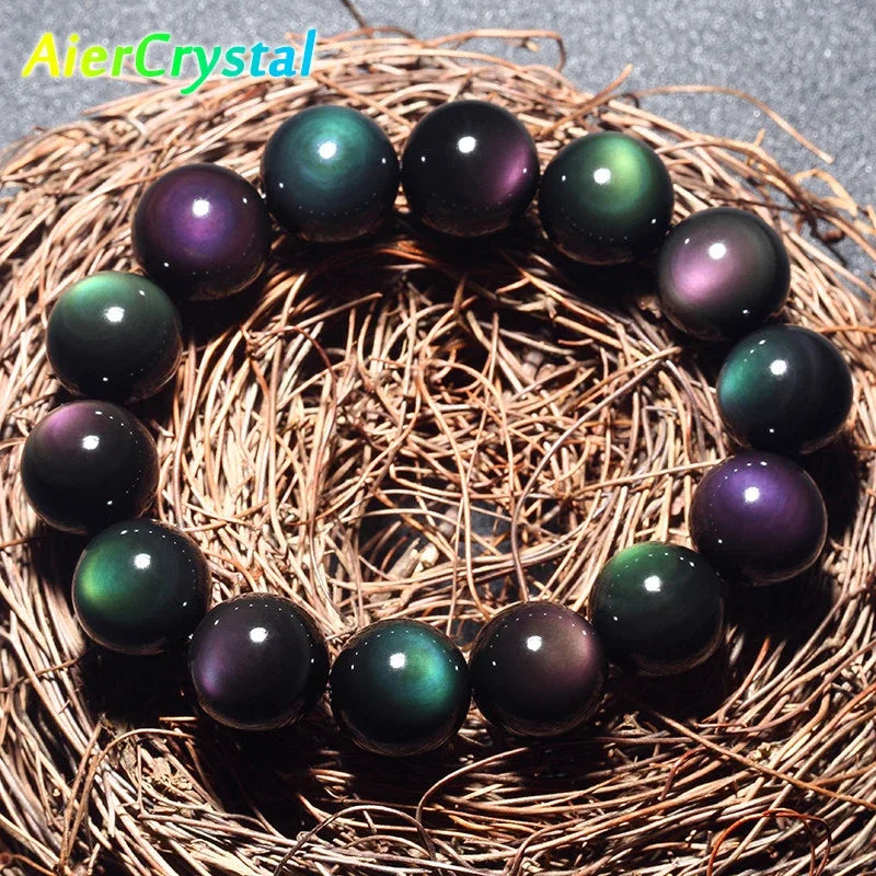 Hemasa Fashion Natural Crystal Stone Rainbow Obsidian Ball Bracelet for Women/Men