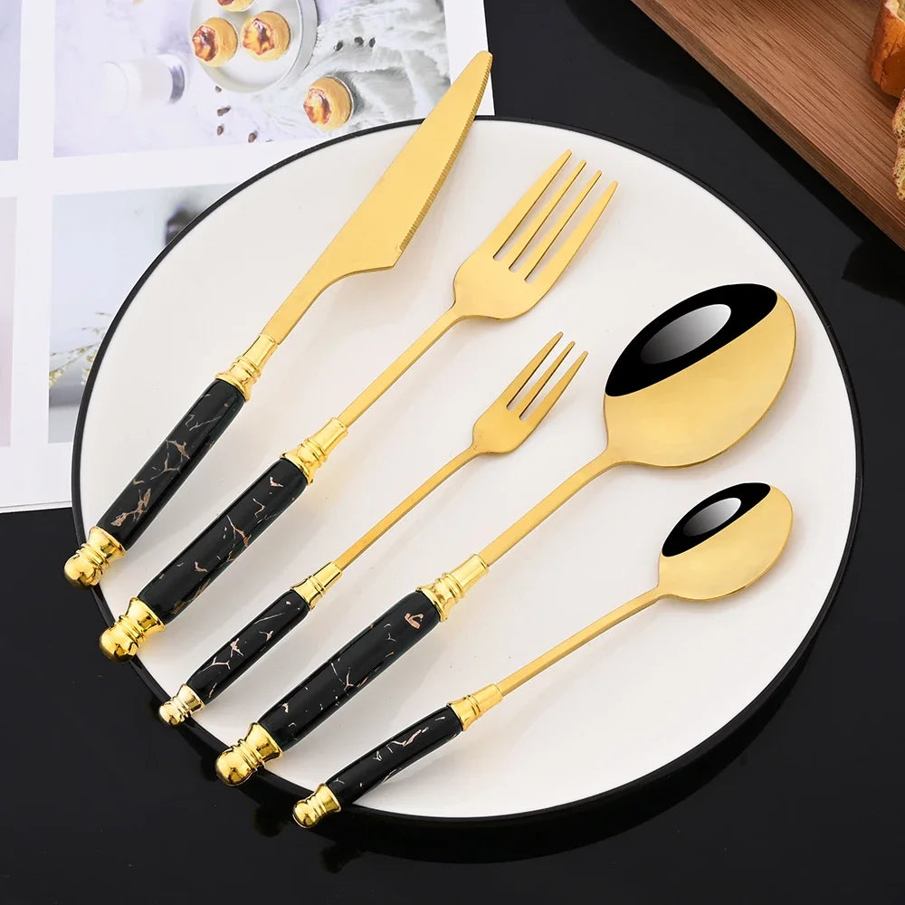 Hemasa 30Pcs   Ceramic Handle Tableware Forks and  Spoons  Knife Set Stainless Steel Dinnerware Cutlery Set