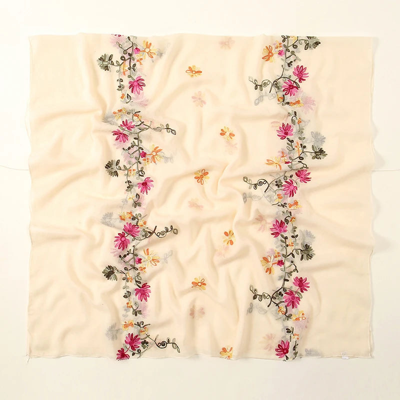 Plain Flower Embroidery Hijab Scarf Viscose Muslim Hijab Shawls Women Soft Long Towel Wraps Elegant Casual Heabscarf Turban