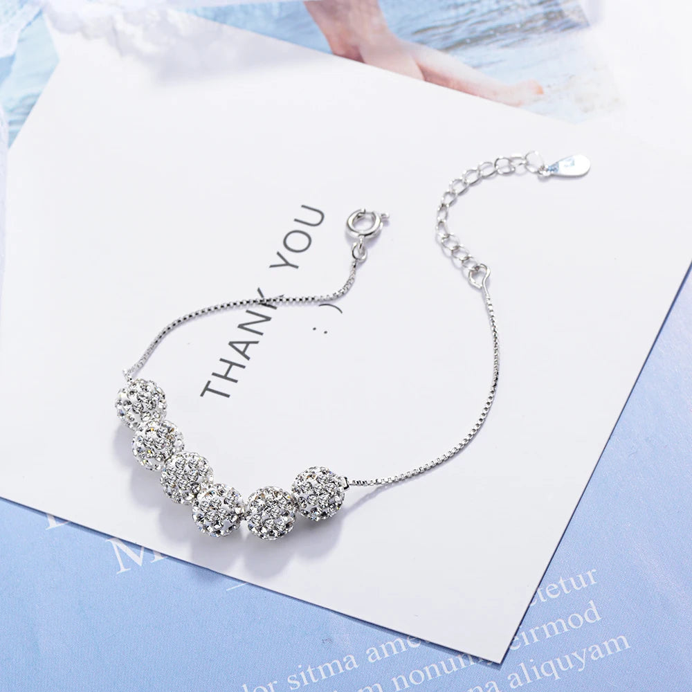 6 Pcs Crystal Beads Lucky Bracelet For Women Gift Luxury 925 Sterling Silver Chain Rhinestone Ball Bracelet Pulseira S-b228