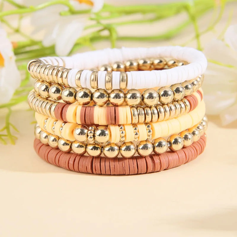 Hemasa 6/7pcs Bohemian Polymer Clay Bracelets Set for Women  /Multilayer Elastic Colorful Beads Bracelet