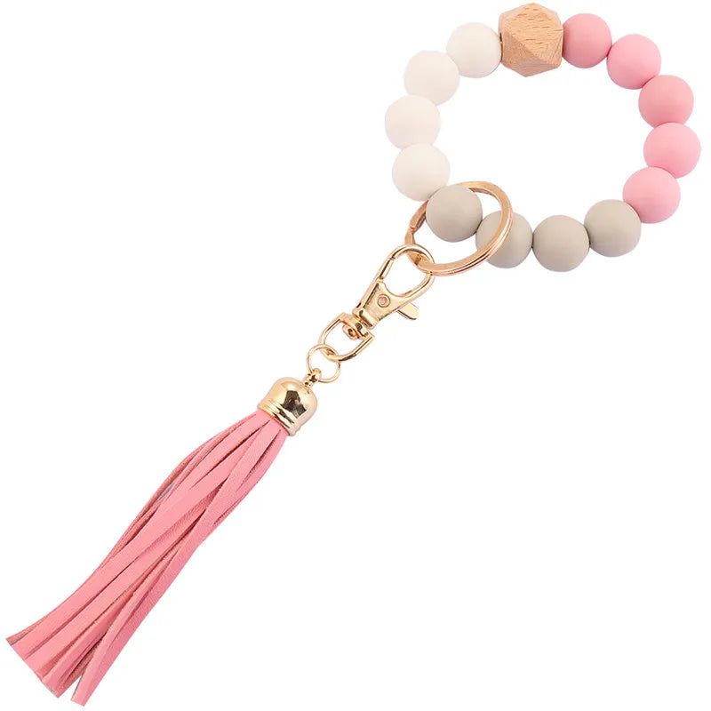 Hemasa  Silicone Wood Beads Keychain Keyring For Women Wristlet Bracelet Pendant Keychain With Jewelry Accessories