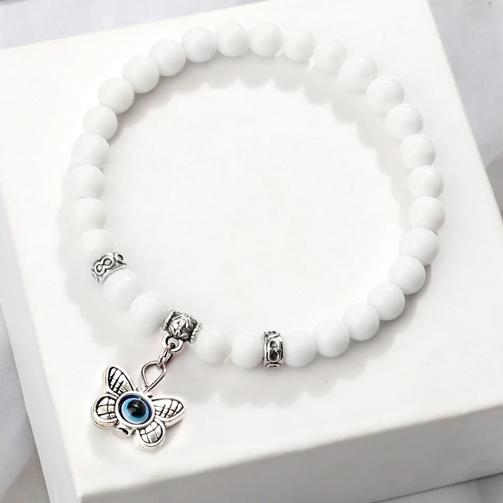 Heamsa 6mm Beads Bracelet with Butterfly  Charm for Women