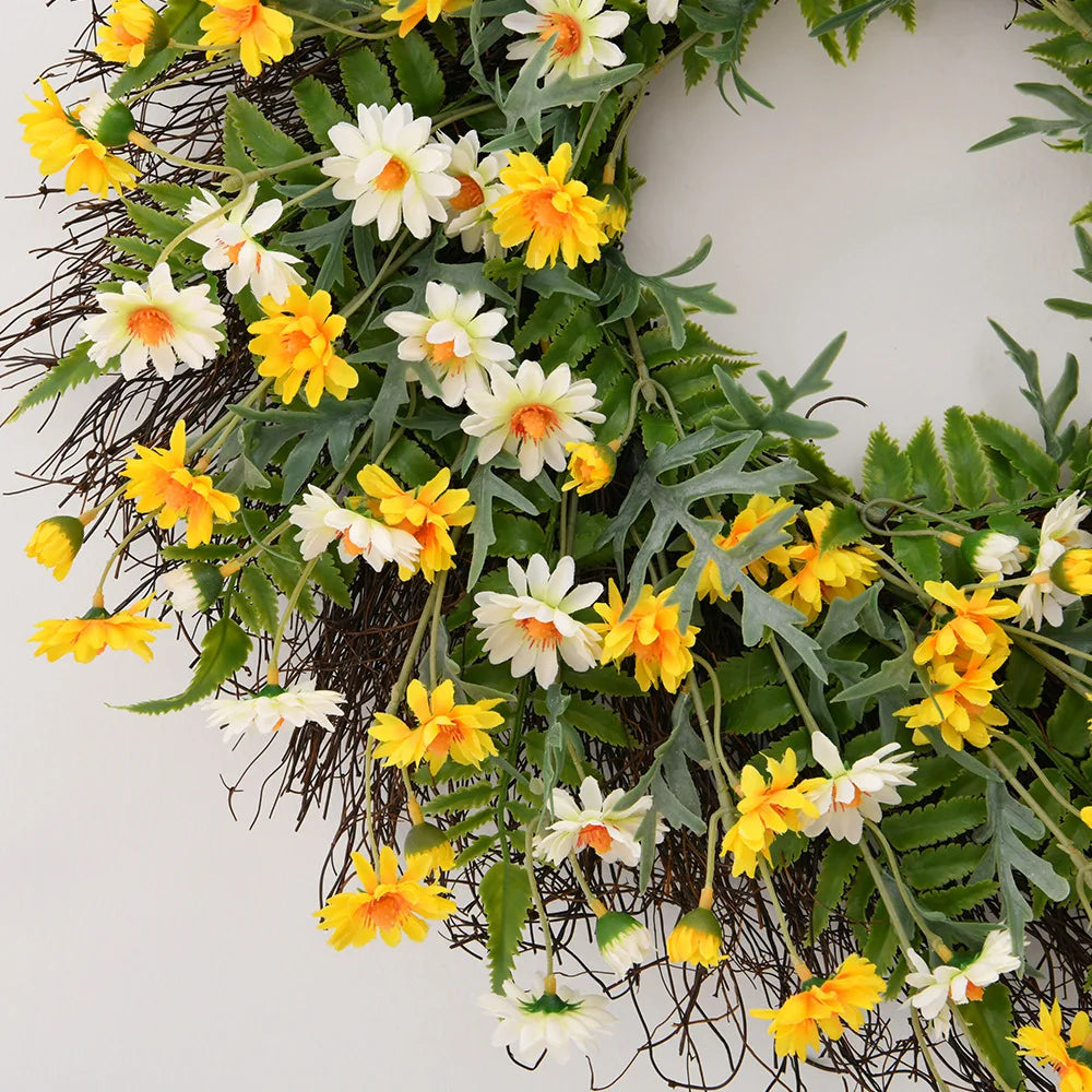 22'' Yellow Daisy Wreath Spring Summer Fake Silk Floral with Green Eucalyptus Leaves for Front Door Window Wall Farmhouse Decor