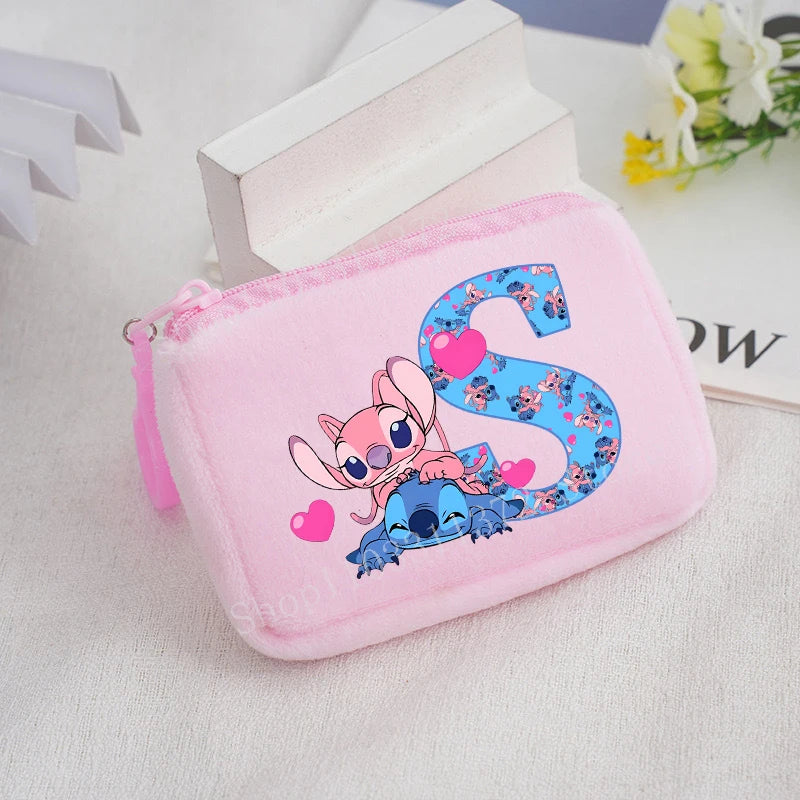 Disney Stitch Plush Coin Purse Cute Anime Cartoon A-Z Letter Stich Printed Wallet Kawaii Girls Earphone Storage Zipper Bag Gifts