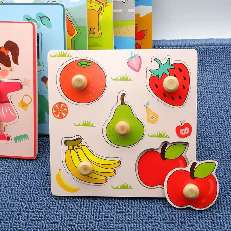 Hemasa Kids Montessori 3D Wooden Puzzle Hands Grab Child Puzzle Educational Learning Toys Baby Games Puzzles For Kids 1 2 3 Years Old