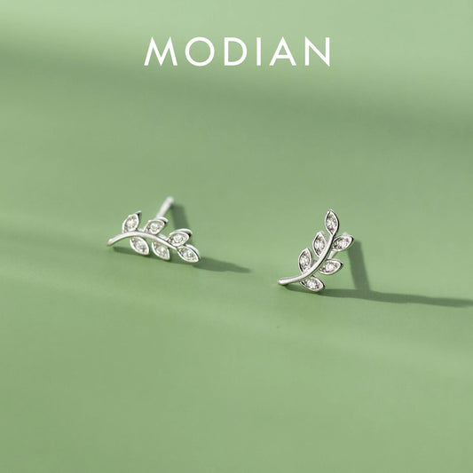 Modian New Sterling Silver 925 Dazzling Zircon Branch Leaves Stud Earrings For Women Plant Ear Studs Korean Style Fine Jewelry