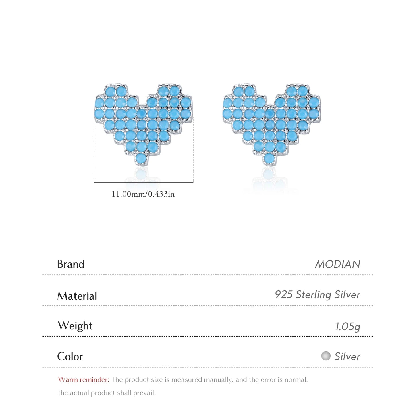 Modian 925 Sterling Silver Vintage Turquoise Stud Earrings for Women Romantic Heart Ear Studs Hypoallergenic Fine Jewelry