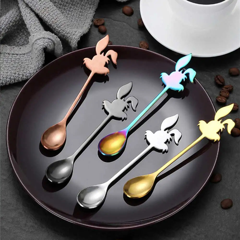 Mini Cute Coffee Spoon 304 Stainless Steel Cartoon Rabbit Spoon Teaspoon Dessert Snack Scoop Milk Children Spoons Tableware