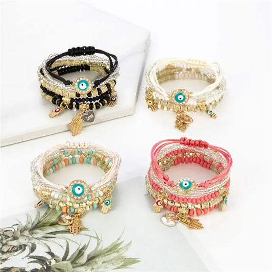 Bohemian Evil Eye Pendant Bracelet Set for Women Crystal Fatima Hand Charm Stone Beads Chain Bangle Female Bohemian Jewelry Gift