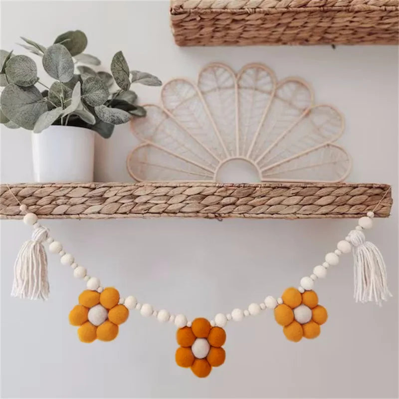 Bohemian Wool Felt Daisy Flower String Wooden Beads Garlands Baby Kids Room Wall Hanging Home Decor Nursery Decor Photo Props