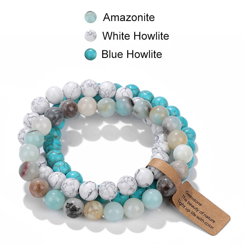 Blue Cat Eye Beaded Bracelets 3Pcs/Set Natural Stone Amethyst Beads Bracelets Multicolor Stretch Bangle Women Yoga Wrist Jewelry