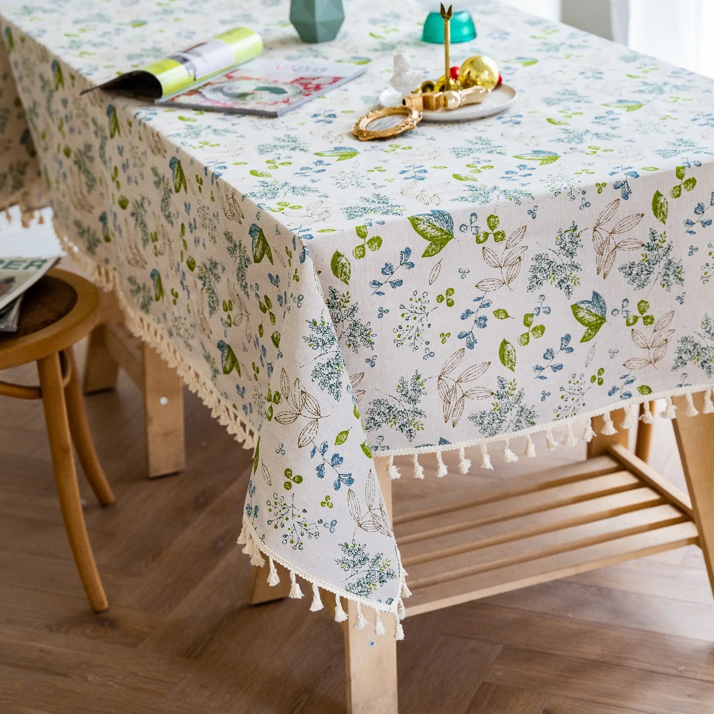 Cotton Linen Floral with Tassel Rectangular Table Cloth