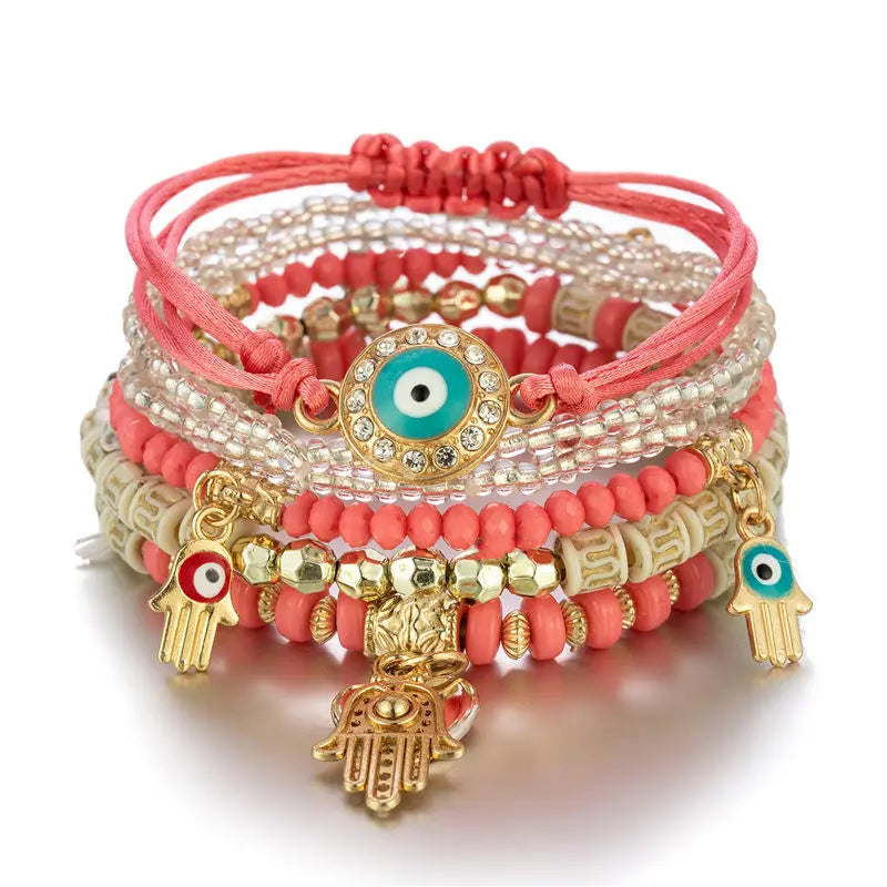6Pcs Bohemian Evil Eye Bracelet Set For Women Fatima Hand Heart Charm Beaded Rope Chain Bangle Female Jewelry Gift