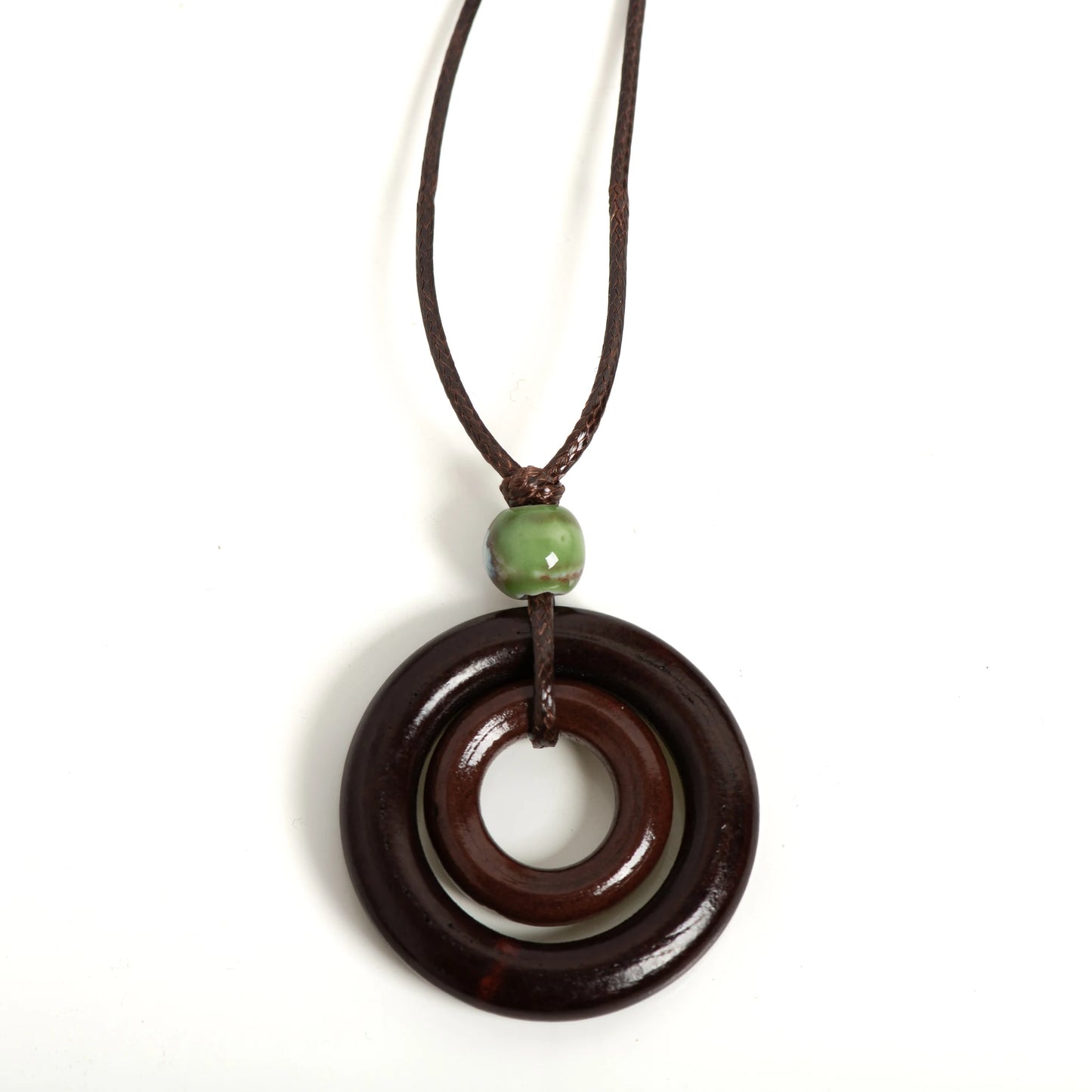 Hemasa Handmade Wooden Circle Ceramic Pendant Necklace Adjustable Cord Unique Bohemian Jewelry for Men and Women 1 Piece S001160