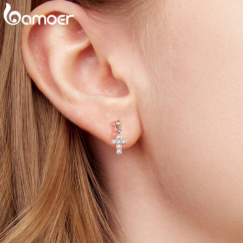 BAMOER 925 Sterling Silver Butterfly Screw-Back Stud Earrings Full Zircons Mini Cross Heart Earrings Hypoallergenic for Women